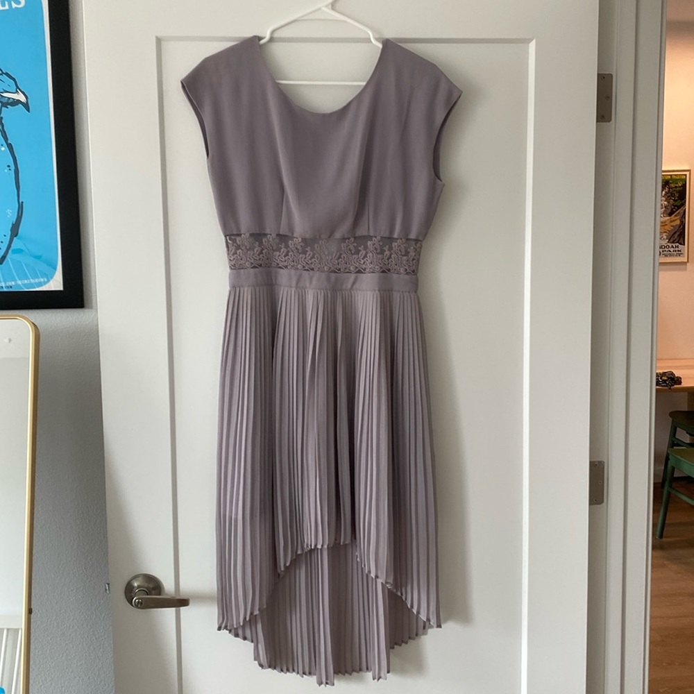 Lavender high-low pleated dress with sheer lace details